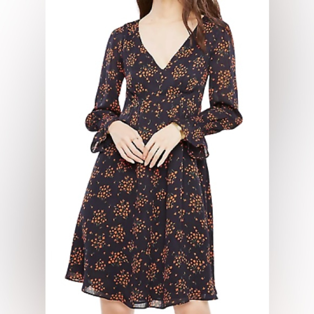 Ann Taylor Navy Floral A-Line Long Sleeve Dress - Size 2